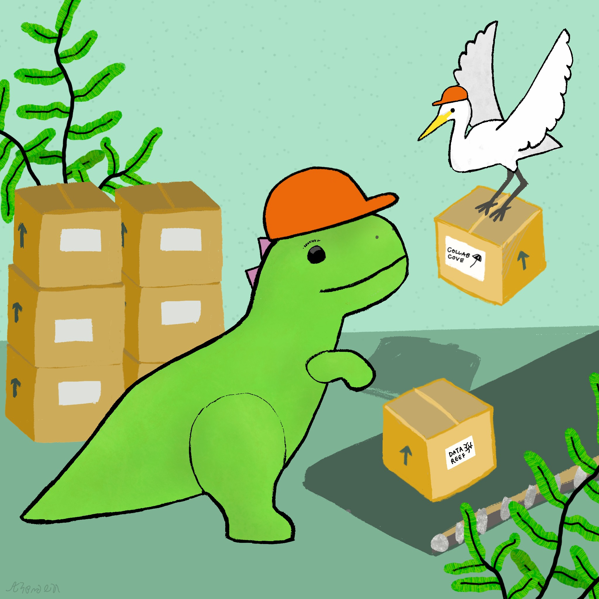 dino stacking a box